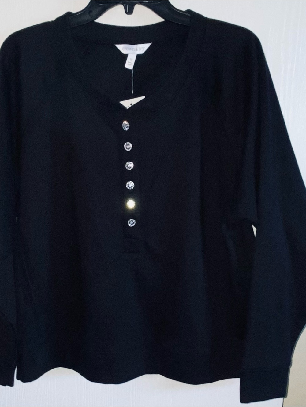 Crown & Ivy Black Long-Sleeve Henley with Sparkle Buttons 1X
